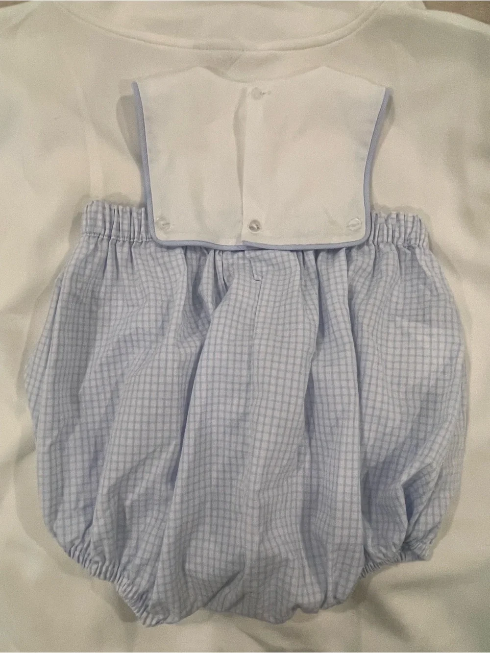 Baby Boy Light Blue Plaid Bubble Romper onesie with Puppy Dog Appliqué